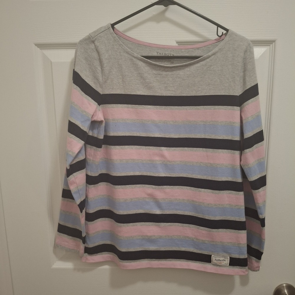 3/$15 TALBOTS‎ Small Gray Blue Pink Striped Cotton Pullover Long Sleeve Tee - Picture 7 of 9